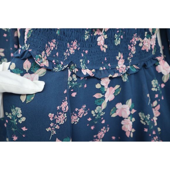 Lulus Floral Navy Blue Off-The-Shoulder Smocked Mini Dress Long Sleeves Womens S - Picture 9 of 15